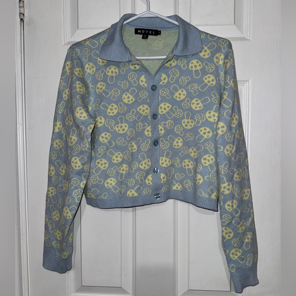 Motel Y2K Mushroom Print Polo Cardigan Sweater Medium